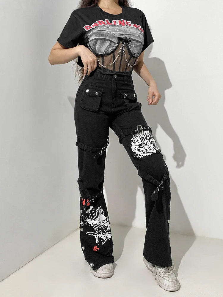 Rockmore Gothic Print Jeans Woman Low Waist Cargo Pants Hip Hop Buckle Jean Streetwear Punk Denim Trousers Goth Mall Grunge