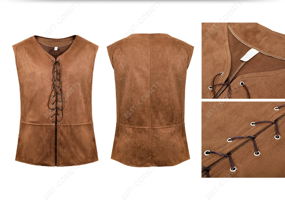 Medieval Vest Men Costume Renaissance Vest Steampunk Lace-Up Pirate Vest Plus Size Gothic Waistcoat Brown