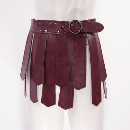 Mens Roman Patent Leather Skirts Medieval Warrior Adjustable Rivets Tassel Waist Belt with Buckle Gladiator Kilt Cosplay Bottoms