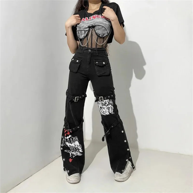 Women's Baggy Jeans with Eyelet Buckle, Denim Cargo Pants, Gothic Hippie Trousers, Dark Academic, Solid E Girl, Cyber Punk Goth,