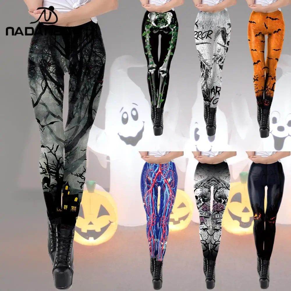 Nadanbao Women leggings Halloween Ghost Green Leaf Skull print Leggings Sexy Tights Trousers Female Mid Waist Elastic Pants