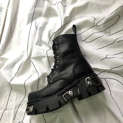 Punk Style Platform Women Ankle Boots Women's Motorcycle Boot Fashion Ladies Chunky Shoes Metal Decor Black BIG Women Boots New