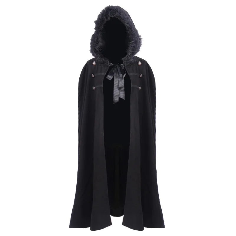 Men's Medieval Costume Cloak Winter Fur Collar Larp Viking Cosplay Cape coat High Quality Gothic Women Cape Halloween Costume