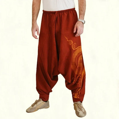 Men Chinese Style Print Bloom Harem Pants Japanese Loose Wide Leg Trousers African Indian Bottoms Pirate Viking Medieval Costume