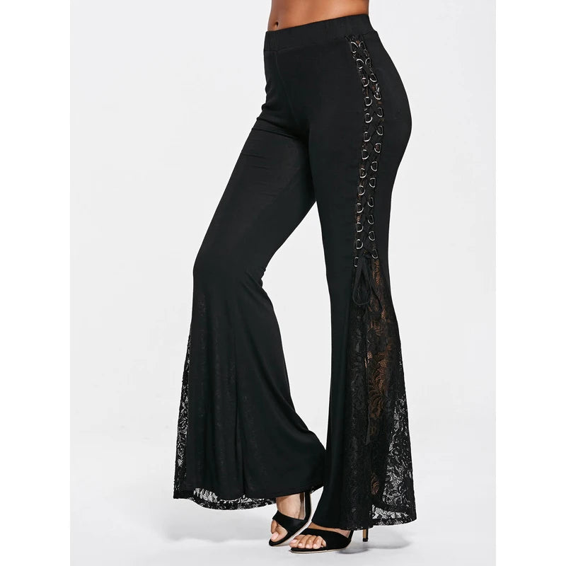 Gothic Black Lace Panel Flare Pants With Lace-Up Women High Waist Overlength Skinny Leggings Pleated Pull On Trousers