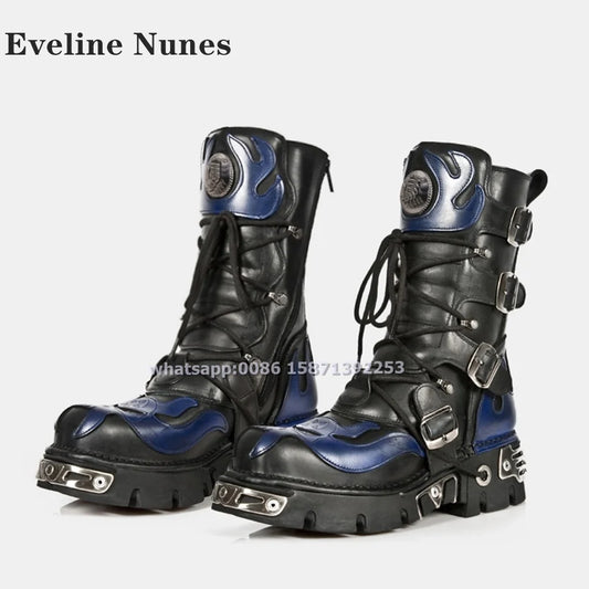 Metal Decoration Cyberpunk Style Motorcycle Boots Round Toe Tank Soled Lace Up Print Mixed Colors Mid-Calf Boots 2024 Retro Punk