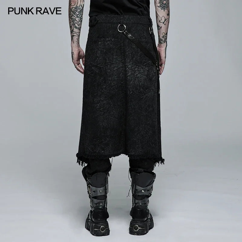 PUNK RAVE Men's Gothic Dark Textured Printed Stylish Kilt Decorated Which Is Detachable Leather Loop Party Club Men Skirts Pants