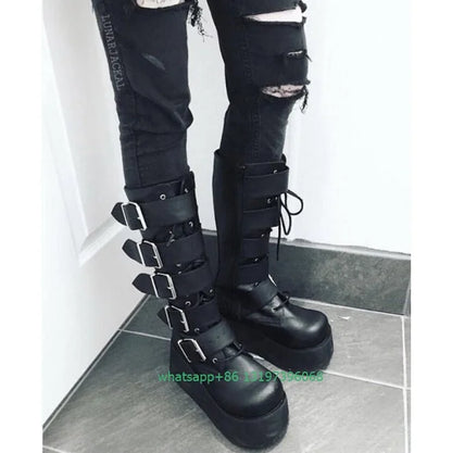 Lady Gothic style buckle platform design knee boots PU Y2K style lolita sexy black boots new arrive lace-up retro calf boots 46