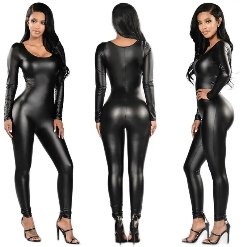 Woman PU Leather Jumpsuit Long Sleeve Catsuit Tights Cosplay Bodysuit Conjoined Pants Leotard Sexy Lingerie Club Unitard Teddies