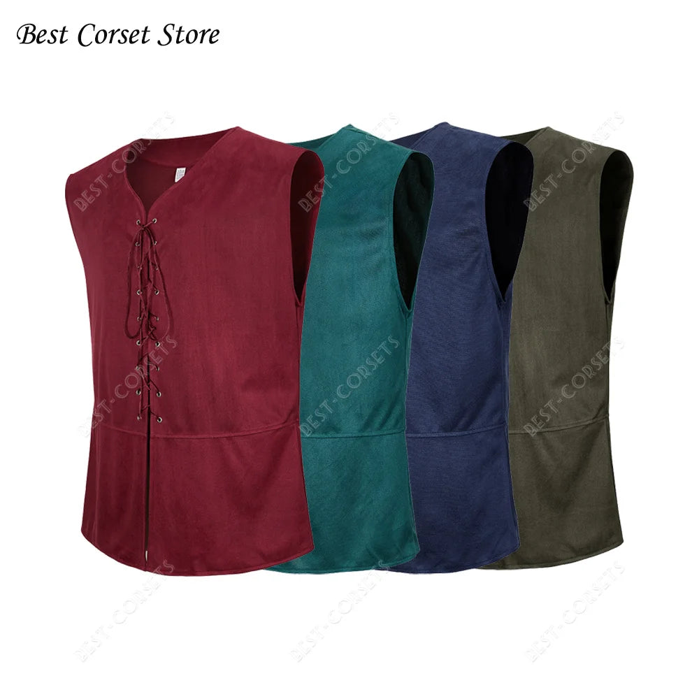 Medieval Vest Men Costume Renaissance Vest Steampunk Lace-Up Pirate Vest Plus Size Gothic Waistcoat Brown