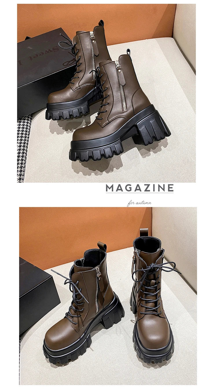 Women High Platform Ankle Boots 2023 Winter Thick Sole Motorcycle Boots 9.5CM Heels Chunky Metal Short Leather Sneakers Woman