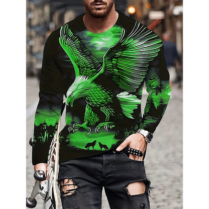 Men's Luxury Pattern Long Sleeve T Shirt Retro Cool Dragon Tiger Animal 3D Printed Round Neck T Shirts Harajuku Streetwear Tees