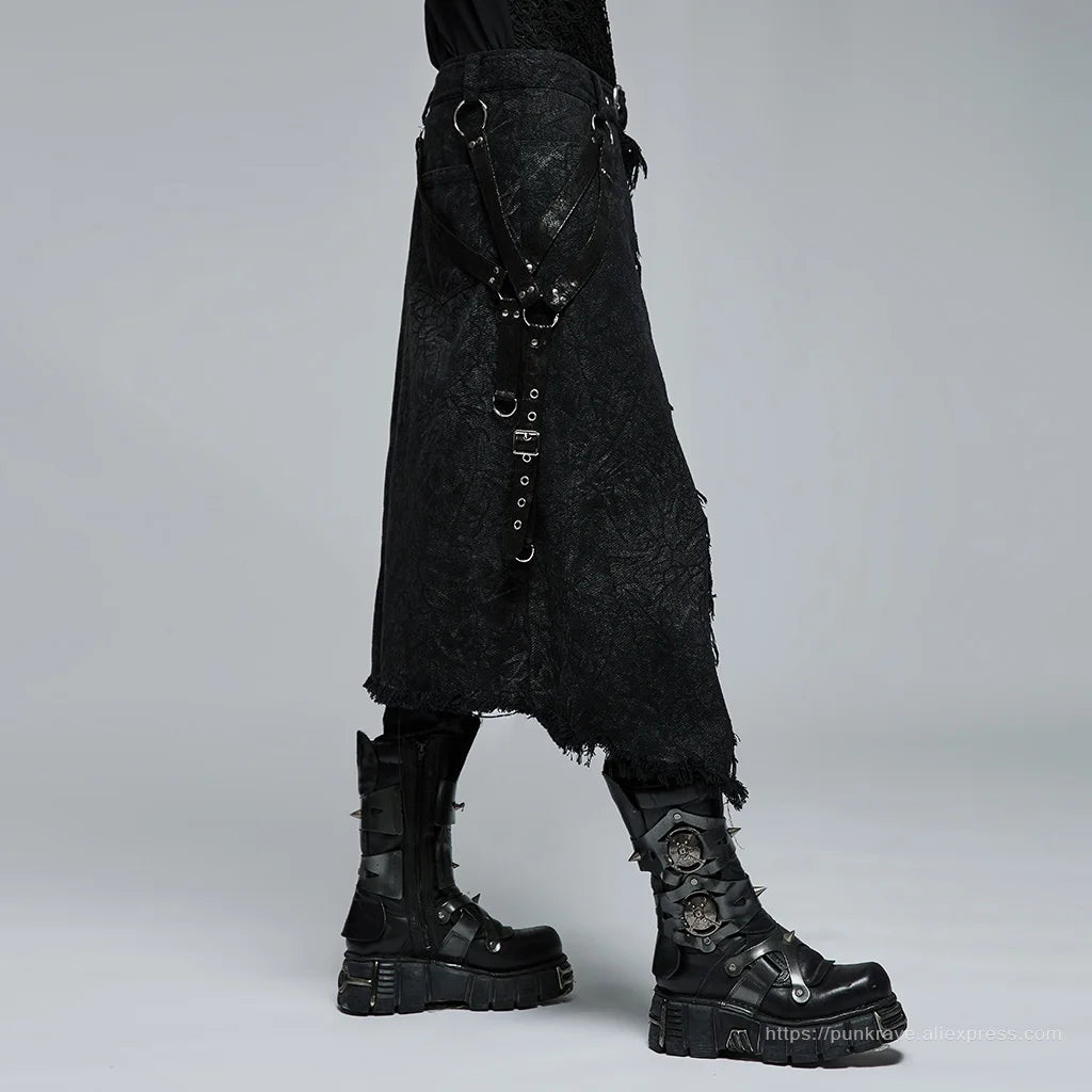 PUNK RAVE Men's Gothic Dark Textured Printed Stylish Kilt Decorated Which Is Detachable Leather Loop Party Club Men Skirts Pants