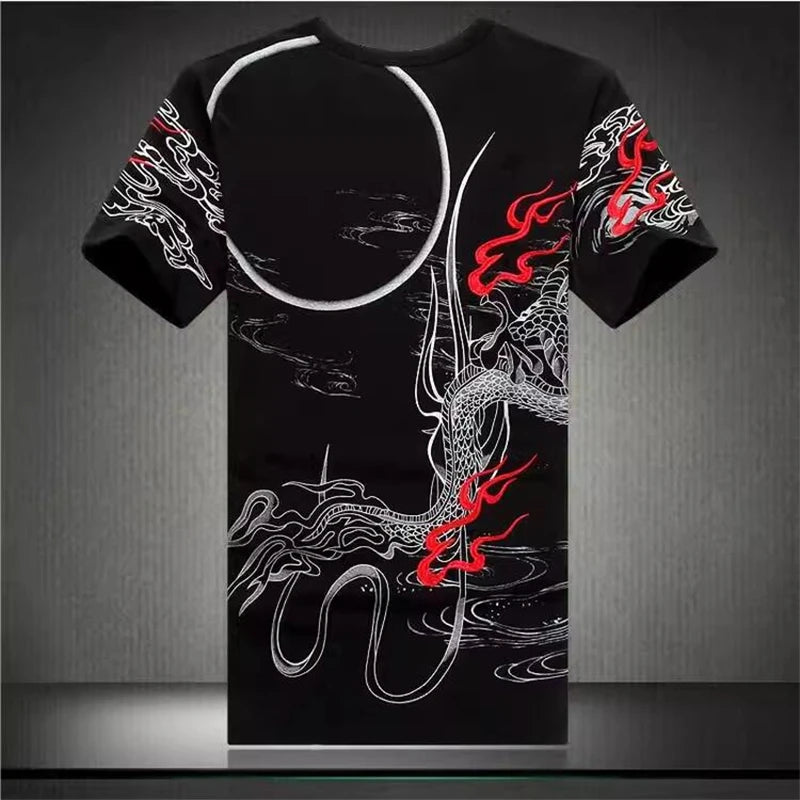 Embroidery Dragon Pattern T Shirt For Men Short Sleeve Slim Fit Summer Top Quality Cotton Casual Luxury Tees Camisetas De Hombre