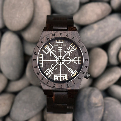 BOBO BIRD Viking Wooden Men Watch with Helm of Awe Unique Runic Circle Vegvisir Valknut Custom Wristwatch Norse Symbol Watches