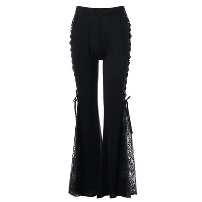 Gothic Black Lace Panel Flare Pants With Lace-Up Women High Waist Overlength Skinny Leggings Pleated Pull On Trousers