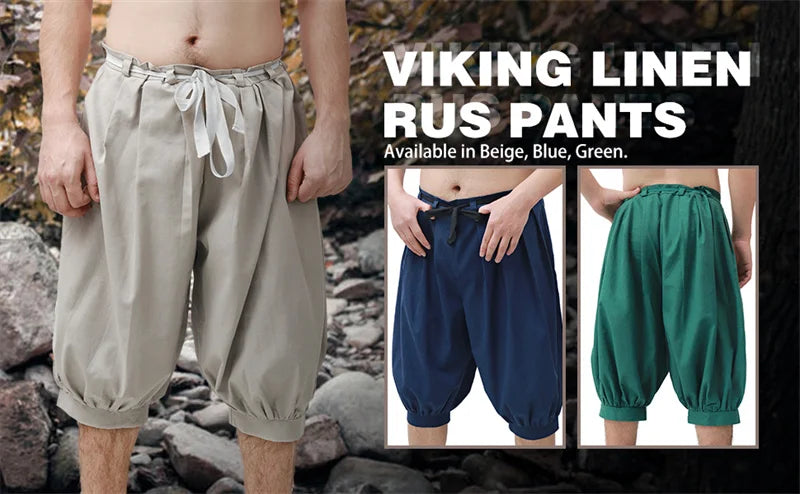 Linen Viking Historical Russ Trousers for Men Linen Ankle Banded Pants Pirate Halloween Costume Viking Baggy Pants Medieval Pant