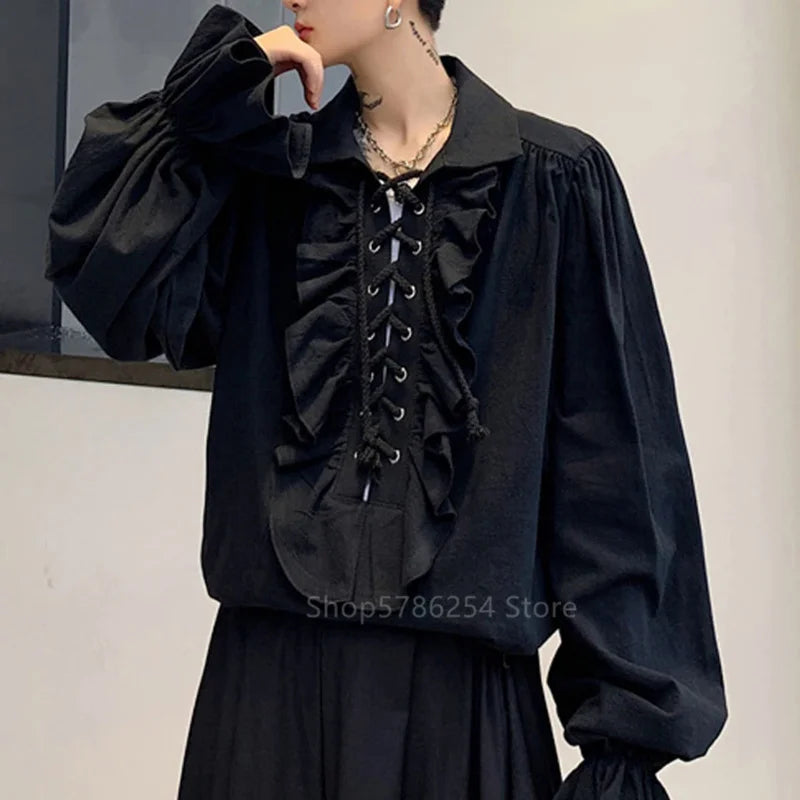 Medieval Men Tunic Viking Pirate Costume Gothic Shirts Grooms Vintage Top Ruffle Sleeve Neckline Drawstring Knight Cosplay Fancy