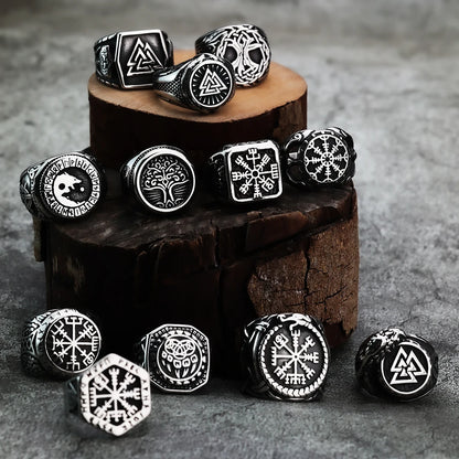 Nordic Viking Stainless Steel Ring Anchor Compass Tree of Life Rune Amulet Wolf Men Women Finger Jewelry Biker Party Club Gift