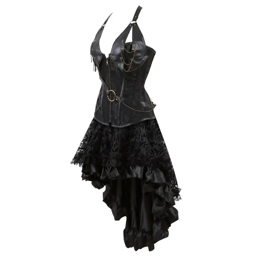 Steampunk Corset Skirt Set Sexy Gothic Leather Strap Corset Dress for Women Rave Party Outfit Halloween Pirate Costume Plus Size