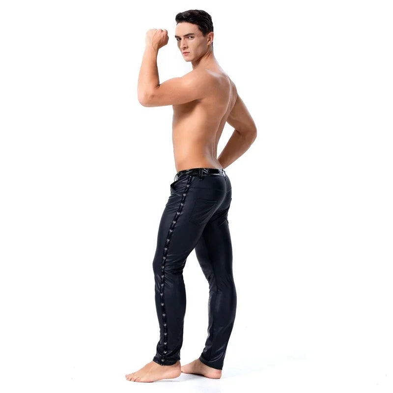 Men Black PVC Faux Patent Leather Pants Clubwear Stage Skinny Pants Stretch Leggings Sexy Latex Gothic Punk Fetish Dance Costume