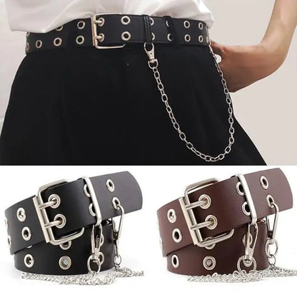 Punk Unisex Jeans Belt PU Leather Waist Buckle For Women Men Kpop Goth Chain Belt Black Free Size Grommet Belts For Pants