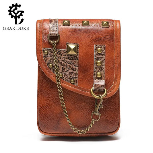 GEAR DUKE Genuine Leather Phone Bag Brown Vintage Retro Punk Waist Bag Chain Rivet Decoratived Medieval Steampunk Messenger Bag