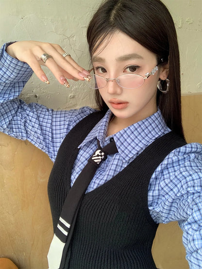 Women Korean Shoujo 2000s Preppy Harajuku Outfits 3 Piece Set Coquette Long Sleeve Plaid Plaid Shirts + Knit Vest + Mini Skirts