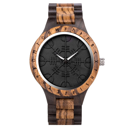 BOBO BIRD Viking Wooden Men Watch with Helm of Awe Unique Runic Circle Vegvisir Valknut Custom Wristwatch Norse Symbol Watches