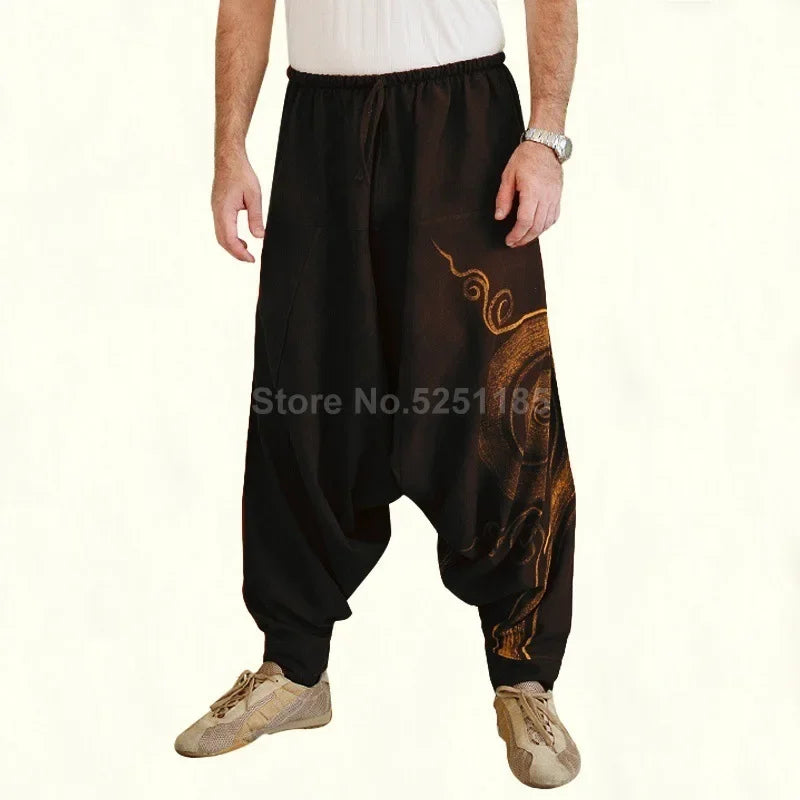 Men Chinese Style Print Bloom Harem Pants Japanese Loose Wide Leg Trousers African Indian Bottoms Pirate Viking Medieval Costume