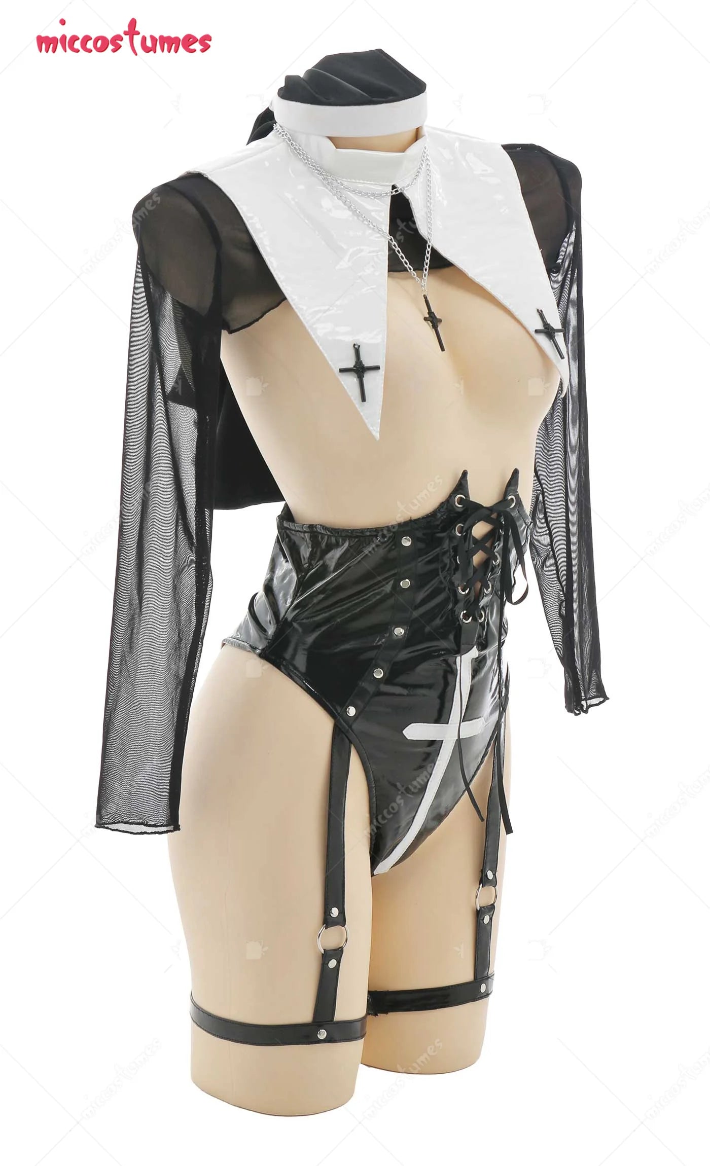 Women Lingerie Set Nun Suit Open Chest Body Shaper Bodysuit with Mesh Top and Stockings Lingerie Sleepwear Sexy Costumes