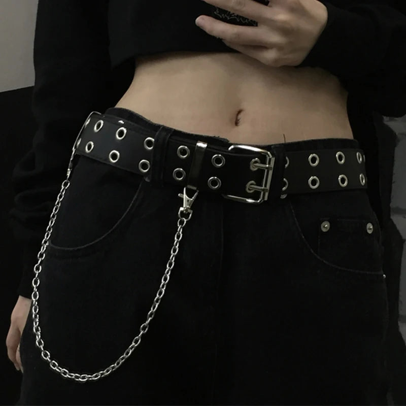 Punk Unisex Jeans Belt PU Leather Waist Buckle For Women Men Kpop Goth Chain Belt Black Free Size Grommet Belts For Pants