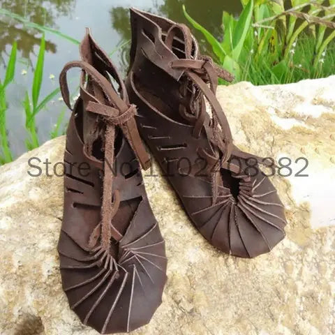 Medieval Gothic Vintage Boots for Women Elf Witch Leaves Lace Up Shoes Cosplay Costume Vintage Strappy Flat Sandals Summer