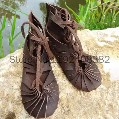 Medieval Gothic Vintage Boots for Women Elf Witch Leaves Lace Up Shoes Cosplay Costume Vintage Strappy Flat Sandals Summer