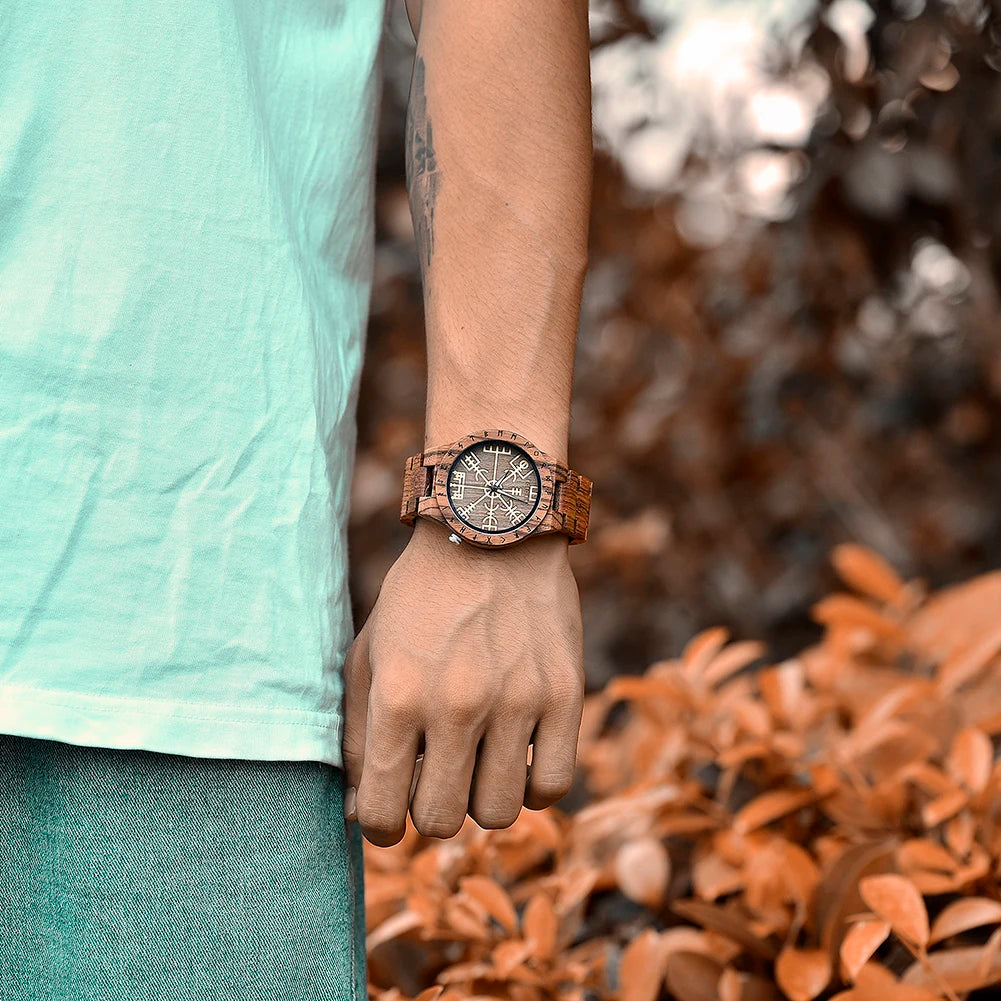 BOBO BIRD Viking Wooden Men Watch with Helm of Awe Unique Runic Circle Vegvisir Valknut Custom Wristwatch Norse Symbol Watches