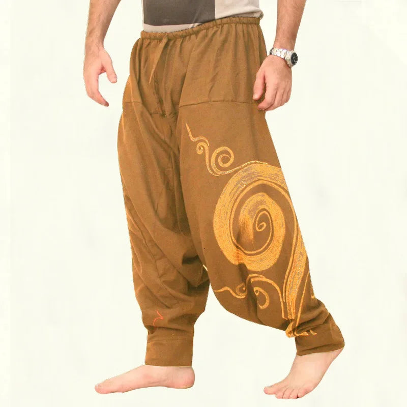 Men Chinese Style Print Bloom Harem Pants Japanese Loose Wide Leg Trousers African Indian Bottoms Pirate Viking Medieval Costume