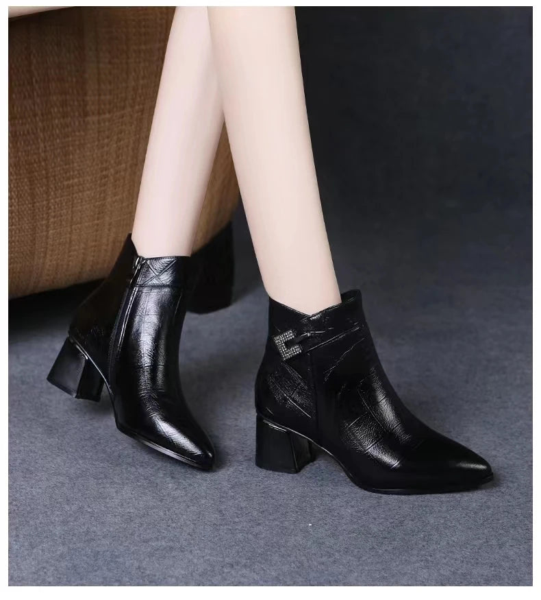 Pointed Toe Snow Ankle Boots for Women Crystal Mid Heels Shoes Retro Leather Chunky Boots Winter 2024 Trend Goth Zapatos Lady