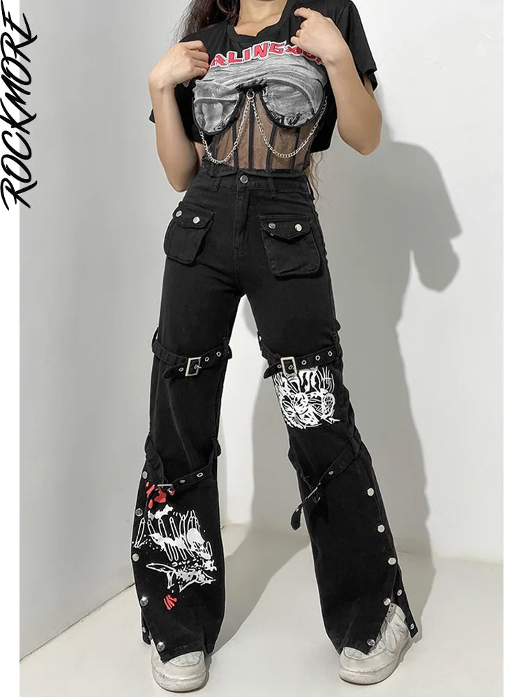 Rockmore Gothic Print Jeans Woman Low Waist Cargo Pants Hip Hop Buckle Jean Streetwear Punk Denim Trousers Goth Mall Grunge