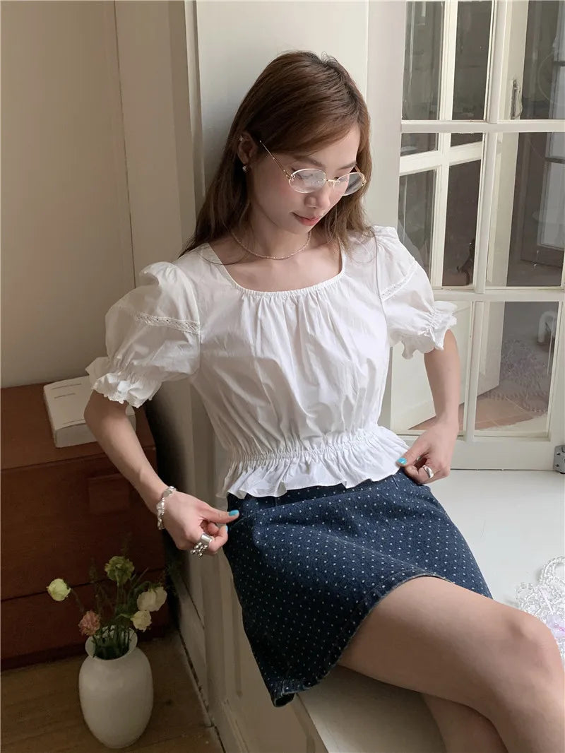 Lantern Sleeve White Ruffles Slash Neck Short Sweet Lolita Shirt Women Victorian Gothic Ladies Top Steampunk Vintage Clothes