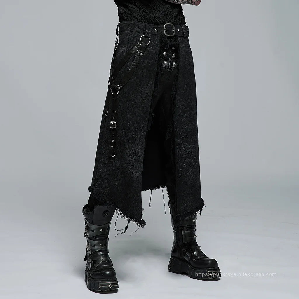 PUNK RAVE Men's Gothic Dark Textured Printed Stylish Kilt Decorated Which Is Detachable Leather Loop Party Club Men Skirts Pants