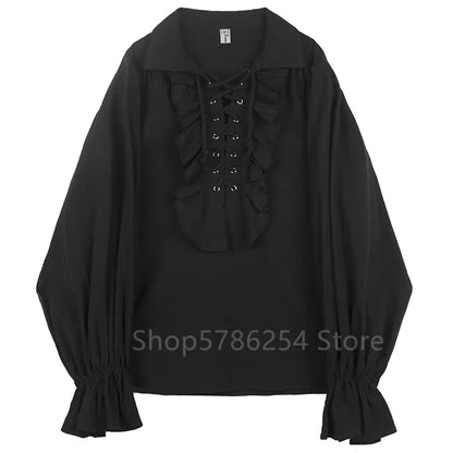 Medieval Men Tunic Viking Pirate Costume Gothic Shirts Grooms Vintage Top Ruffle Sleeve Neckline Drawstring Knight Cosplay Fancy