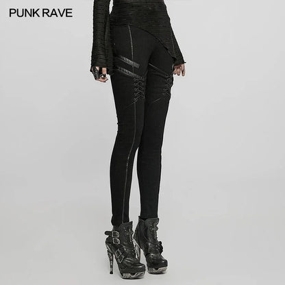 PUNK RAVE Women's Punk Daily Tight Fit Jeans Spliced Faux Leather Personality Black Pants Women Drawstring Design