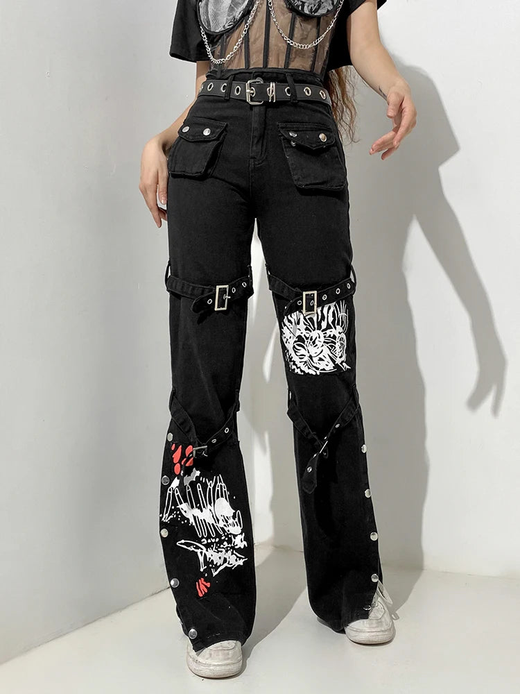 Rockmore Gothic Print Jeans Woman Low Waist Cargo Pants Hip Hop Buckle Jean Streetwear Punk Denim Trousers Goth Mall Grunge