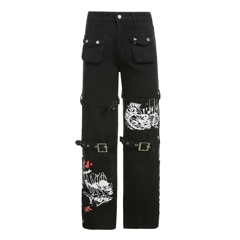 Gothic Punk Black Buckle New Pants Harajuku High Waist Big Pocket Trousers Goth Mall Grunge Cargo Pants Techwear Women