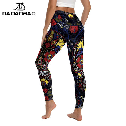 Nadanbao Women's Leggings Gothic Style Skull Totem Print 3D Printed High Waisted Casual Elastic Leggings Yoga Sports Trousers