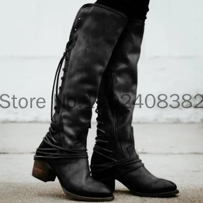 Fashion Medieval Leather Boots Carnival Women British Gothic Style Lace Up Long Tube Boot Knight Retro Cosplay Brown Shoes