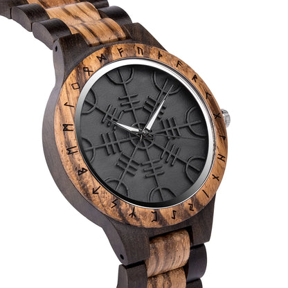 BOBO BIRD Viking Wooden Men Watch with Helm of Awe Unique Runic Circle Vegvisir Valknut Custom Wristwatch Norse Symbol Watches