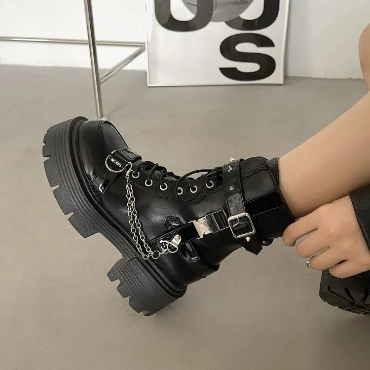 Platform Thick Gothic Boots Lady Buckle Autumn Shoes Women Wedges Ankle Boots Punk Street Cosplay Botas Motorcycle Chain Booties