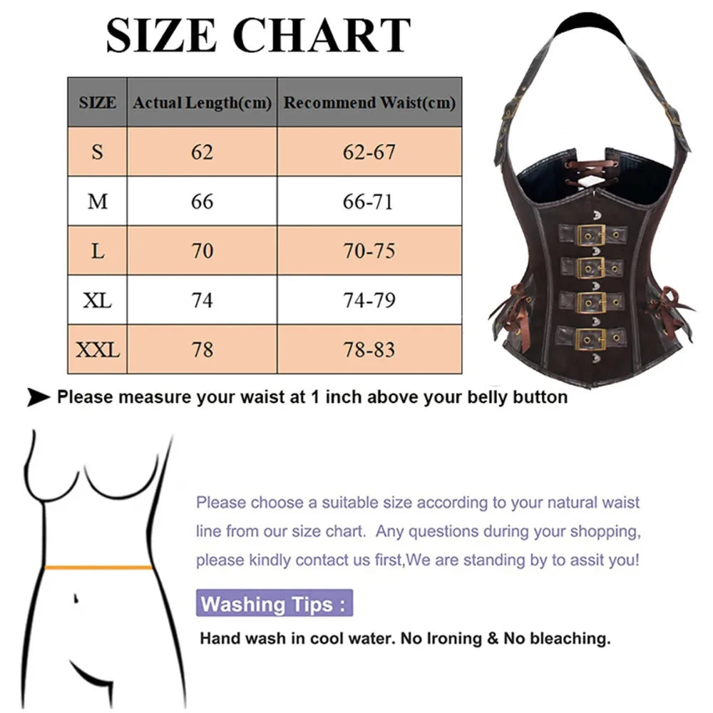 Brown Steampunk Corset Top Halter PU Leather Gothic Bustiers Mujer Lace-Up Slim Waist Body Shapewear Women Slimming Belt корсет