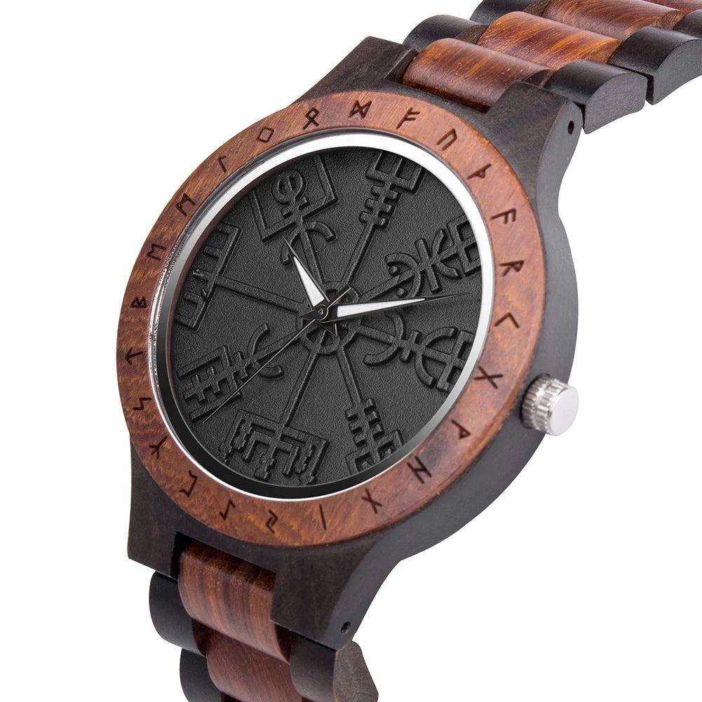 BOBO BIRD Viking Wooden Men Watch with Helm of Awe Unique Runic Circle Vegvisir Valknut Custom Wristwatch Norse Symbol Watches